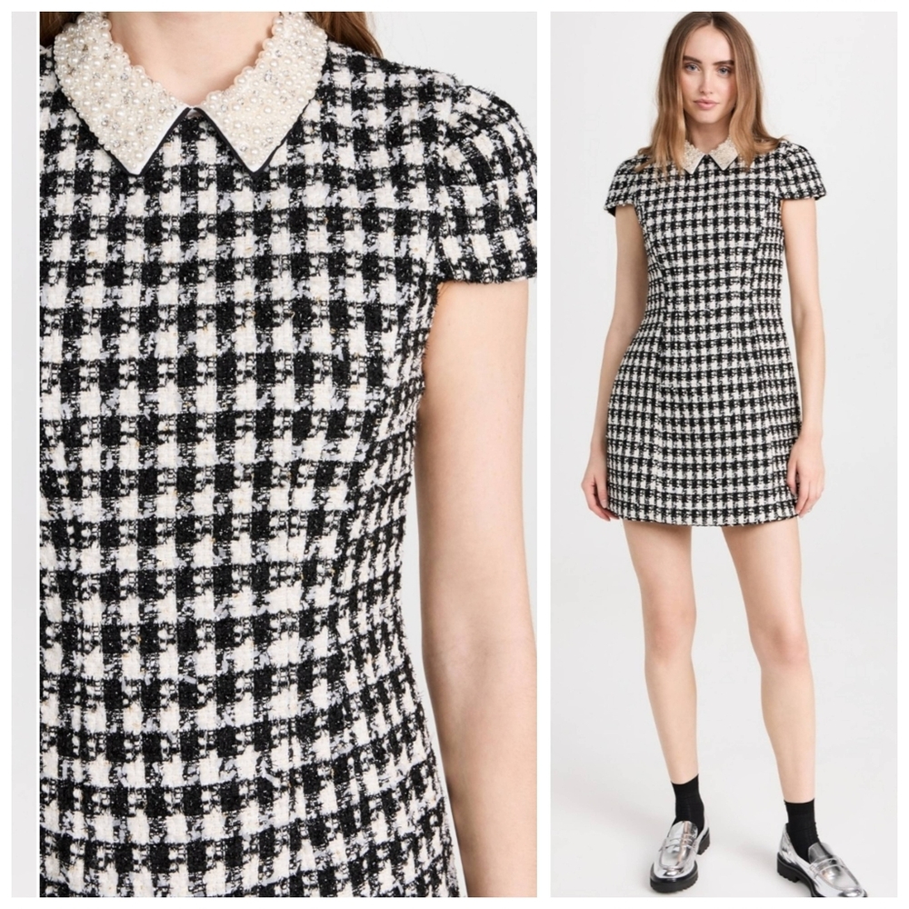Alice + Olivia Velia Tweed Mini Dress Black Crystal Pearl Collar Size 10 - Picture 10 of 15